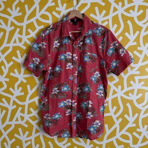 Volcom Button Down Tropical Cotton Short Sleeve Red Floral Shirt - Medium